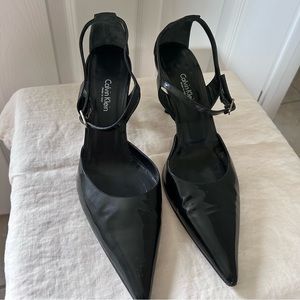 Calvin Klein, black patent leather, strap heels